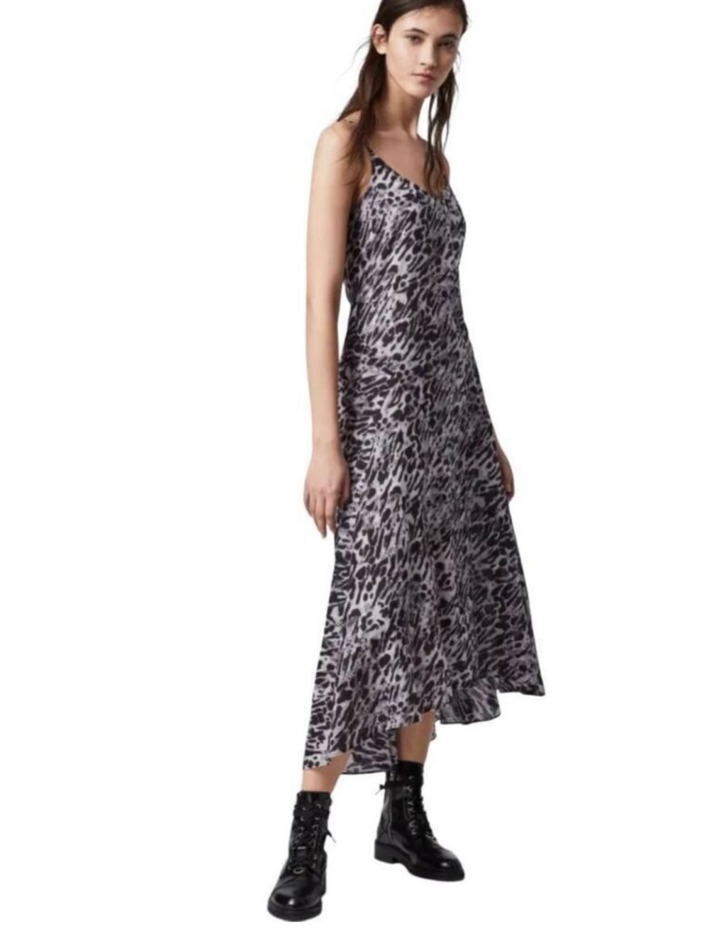 All Saints Essie Grey Leopard-Print Slip Midi Dress